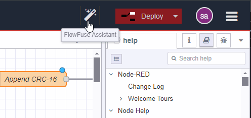Screenshot showing the "FlowFuse Assistant" button available in the Editor Toolbar