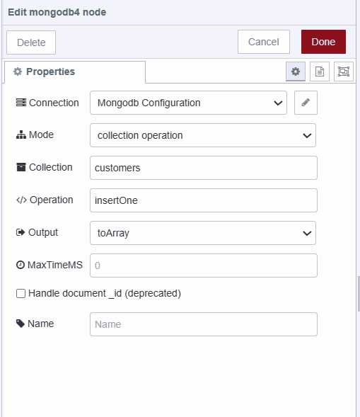 Screenshot displaying configuration of MongoDB 4 node for inserting data "Screenshot displaying configuration of MongoDB 4 node for inserting data"